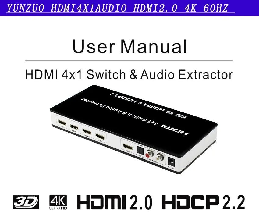 Black 4-port HDMI input switch with remote control on a table