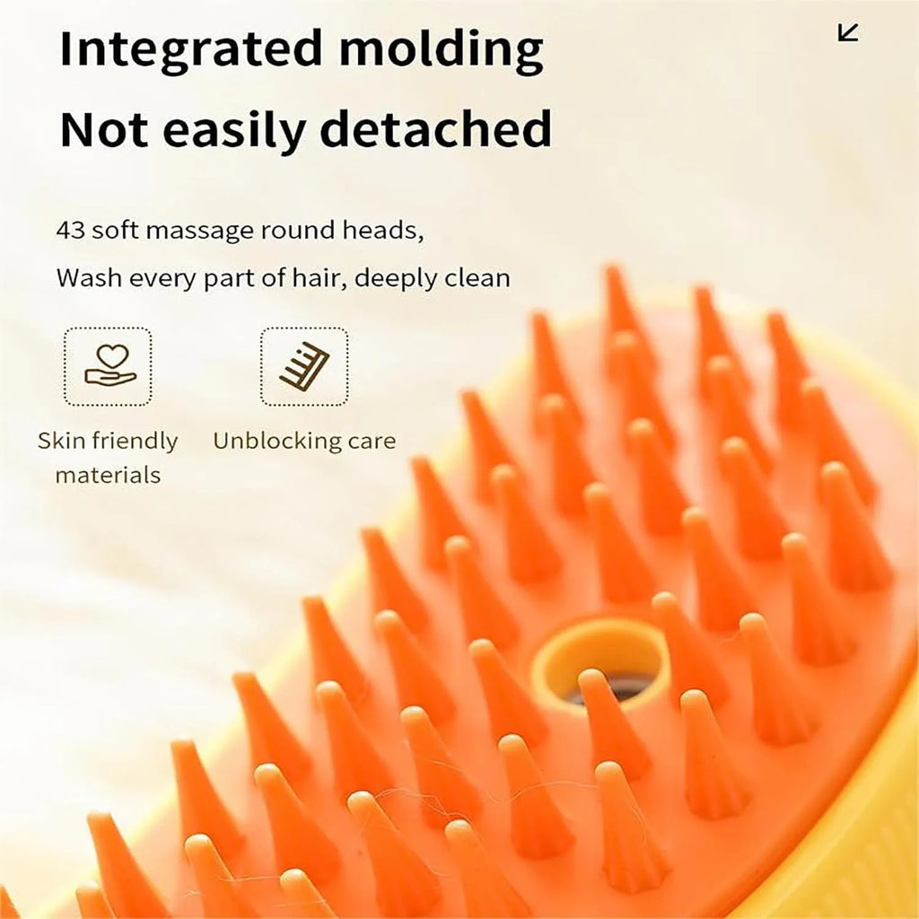 Green rechargeable cat steam brush with silicone teeth showing cat paw-shaped ends and compact 10x6.5cm design