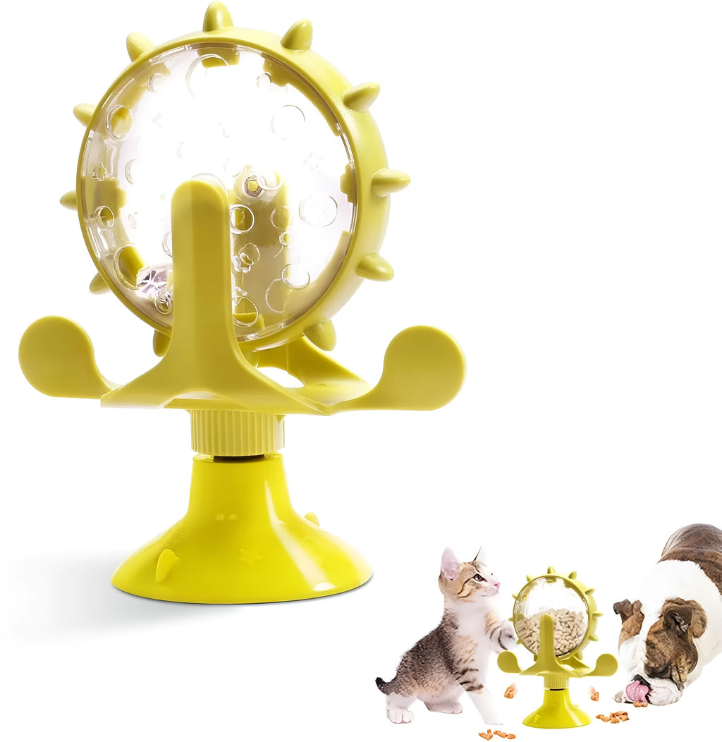 Interactive pet puzzle feeder with spinning dispenser and suction cup base in blue green red yellow colours