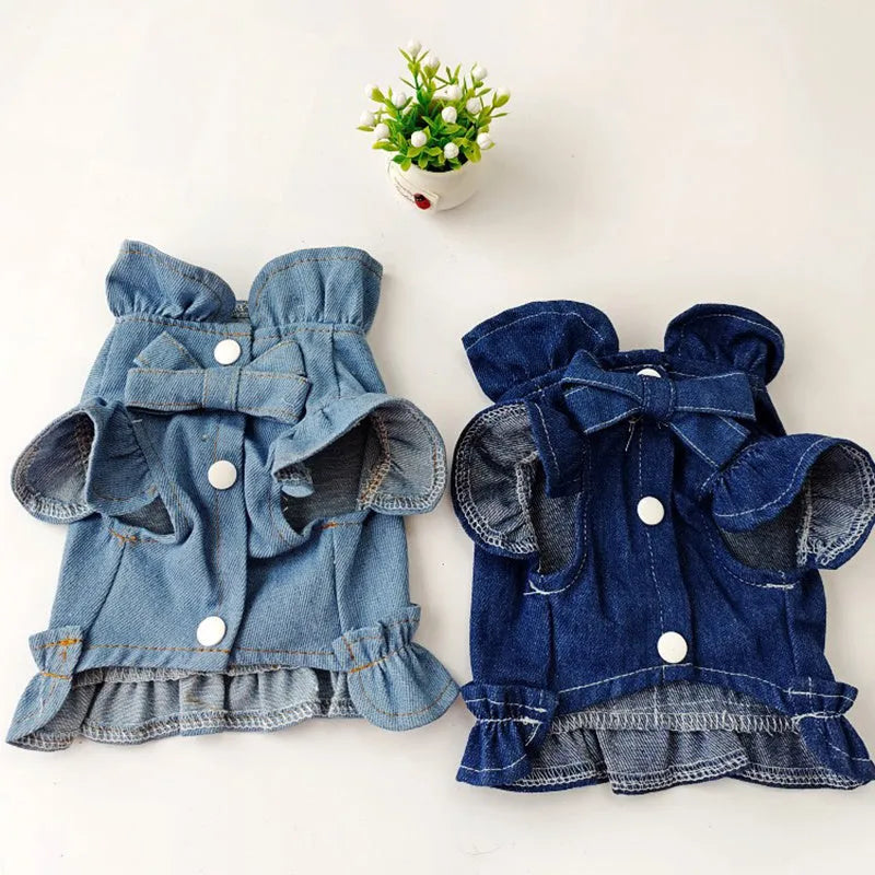 Blue denim dog dress with ruffles and leash attachment points on chest and back
