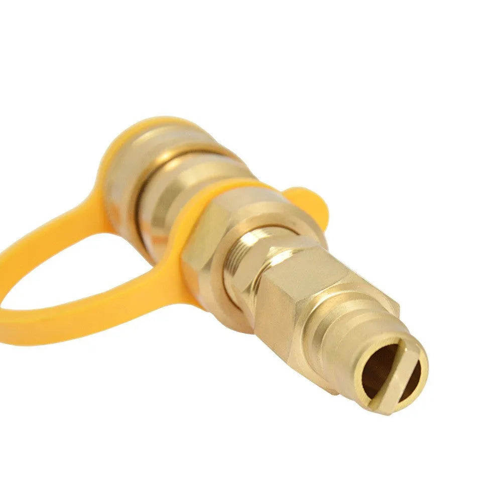 Gold brass gas propane tank charging connector with 3/8 inch American standard threads.