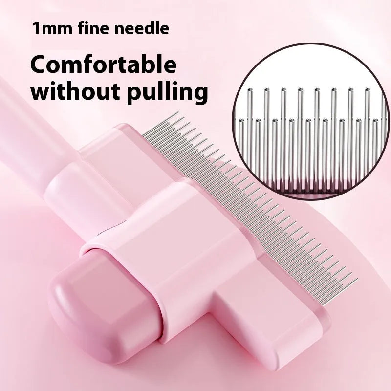 Pet flea removal comb with dense gear teeth in pink ABS plastic and stainless steel