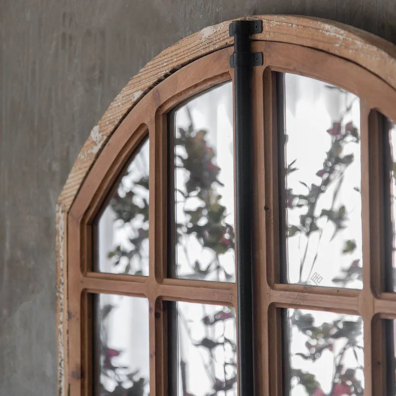 Terrace distressed fake window wall mirror in log colour with wooden glass construction