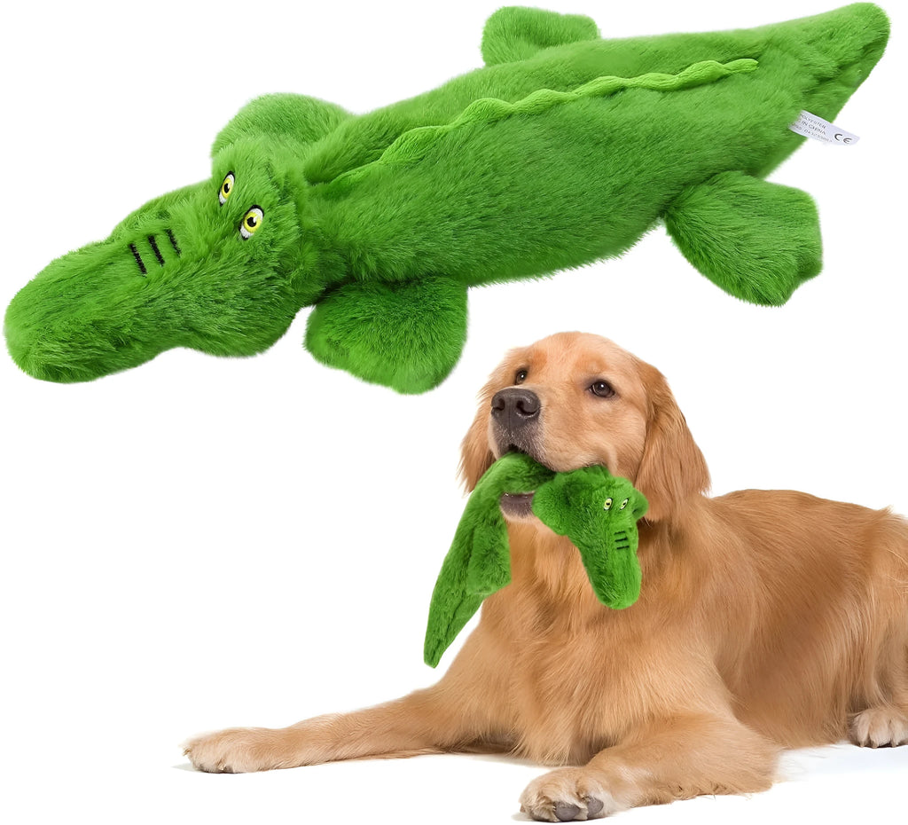 Green crocodile-shaped squeaky dog toy with crinkle paper tail for aggressive chewers
