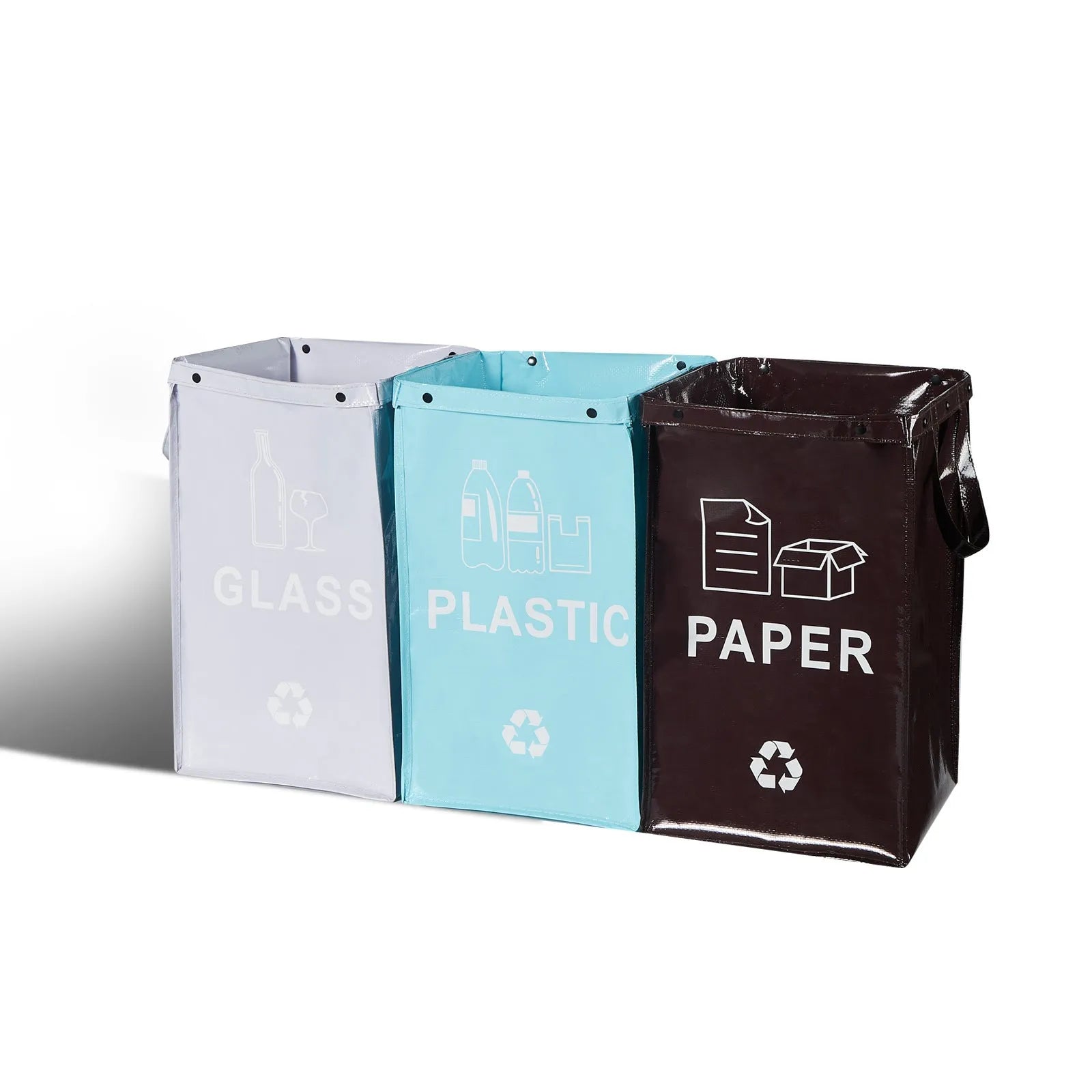 Blue 40-litre plastic handbag-style garbage bin with dimensions 30cm by 50cm by 30cm.