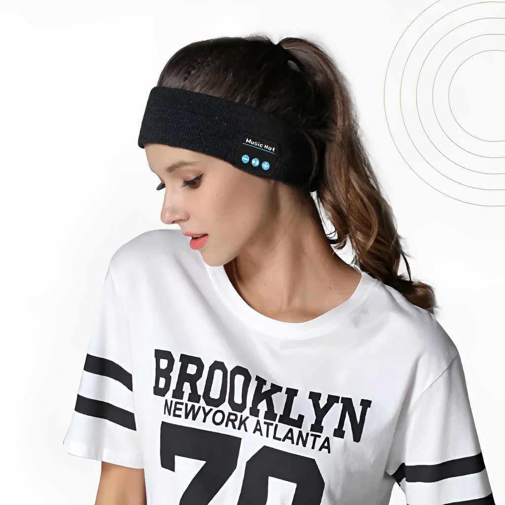 Black Bluetooth sports eye mask scarf with removable panels and integrated speakers