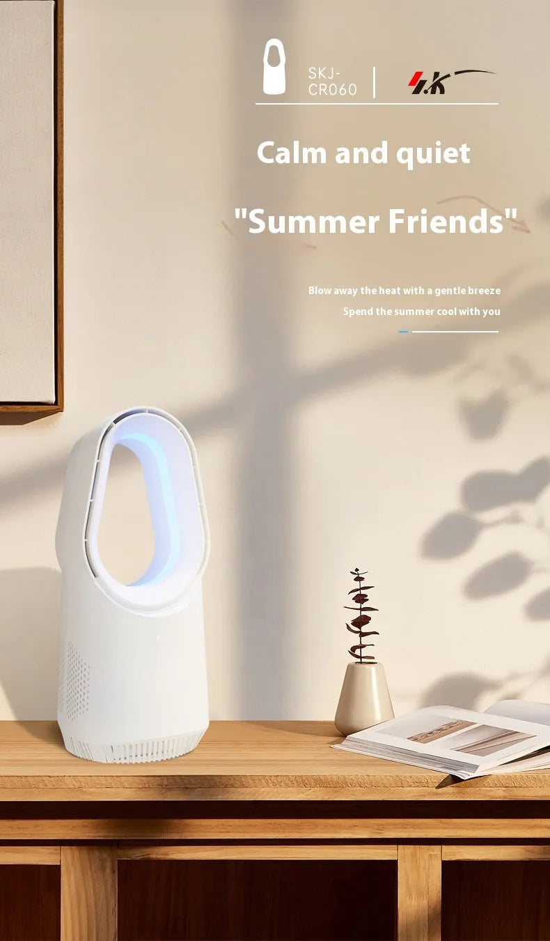 White bladeless tower fan with a remote control on a desk