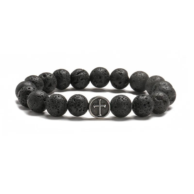 Geometric stainless steel bracelet with 10mm polished volcano agate stones