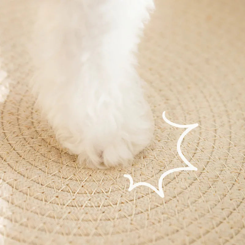 Green oval cat scratch pad and lounger bed made from sisal fabric.