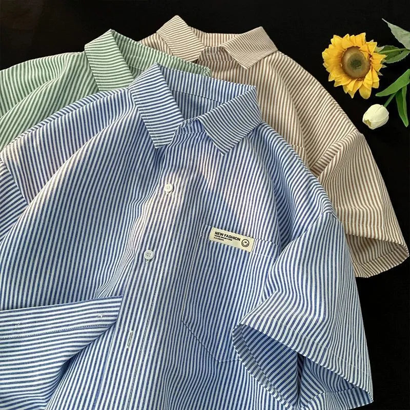 Blue and green striped loose fit polyester shirt with half sleeves