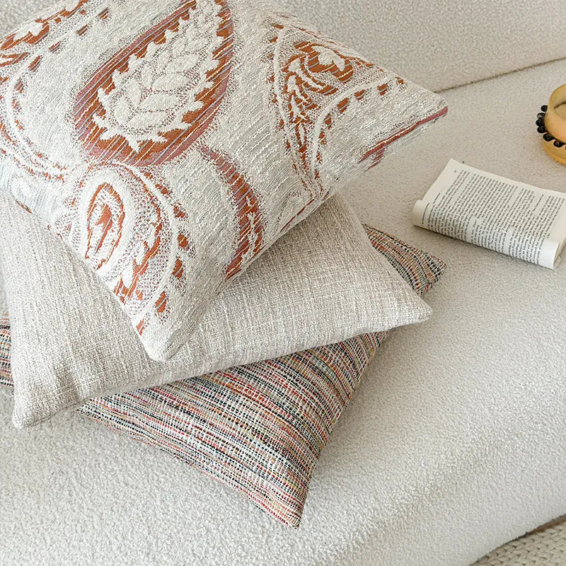 American-style jacquard paisley cushion cover in amber colour showing plant and flower pattern