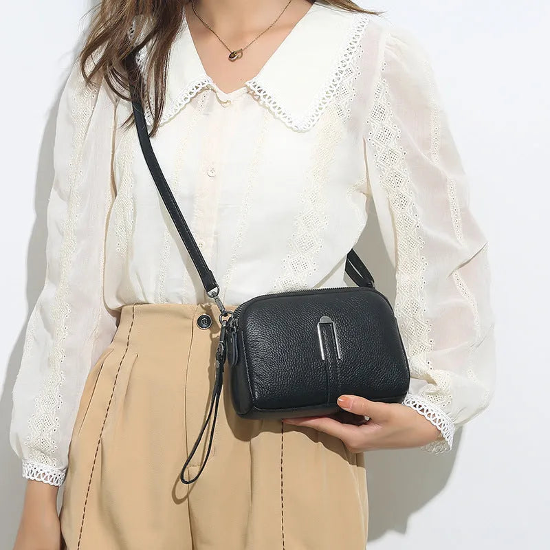 Women's genuine leather shoulder bag in horizontal square shape, 19cm length, available in five colours