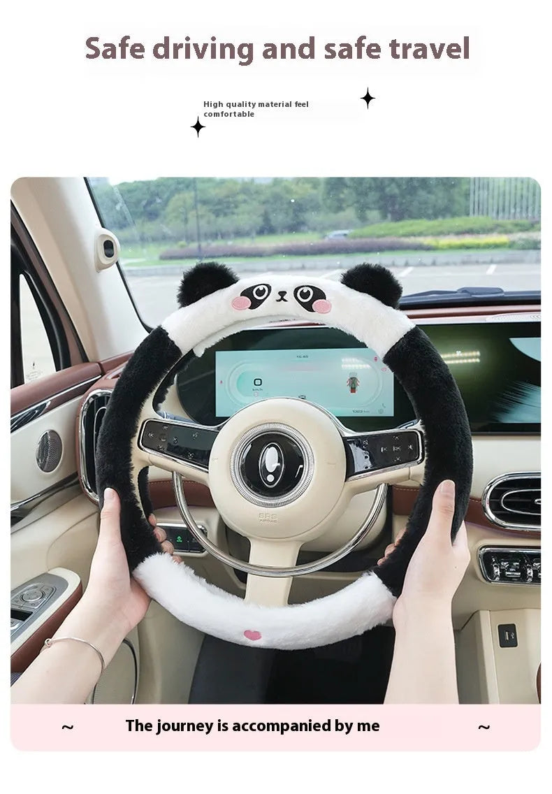 Plush steering wheel cover with embroidered animal design measuring 38cm in diameter