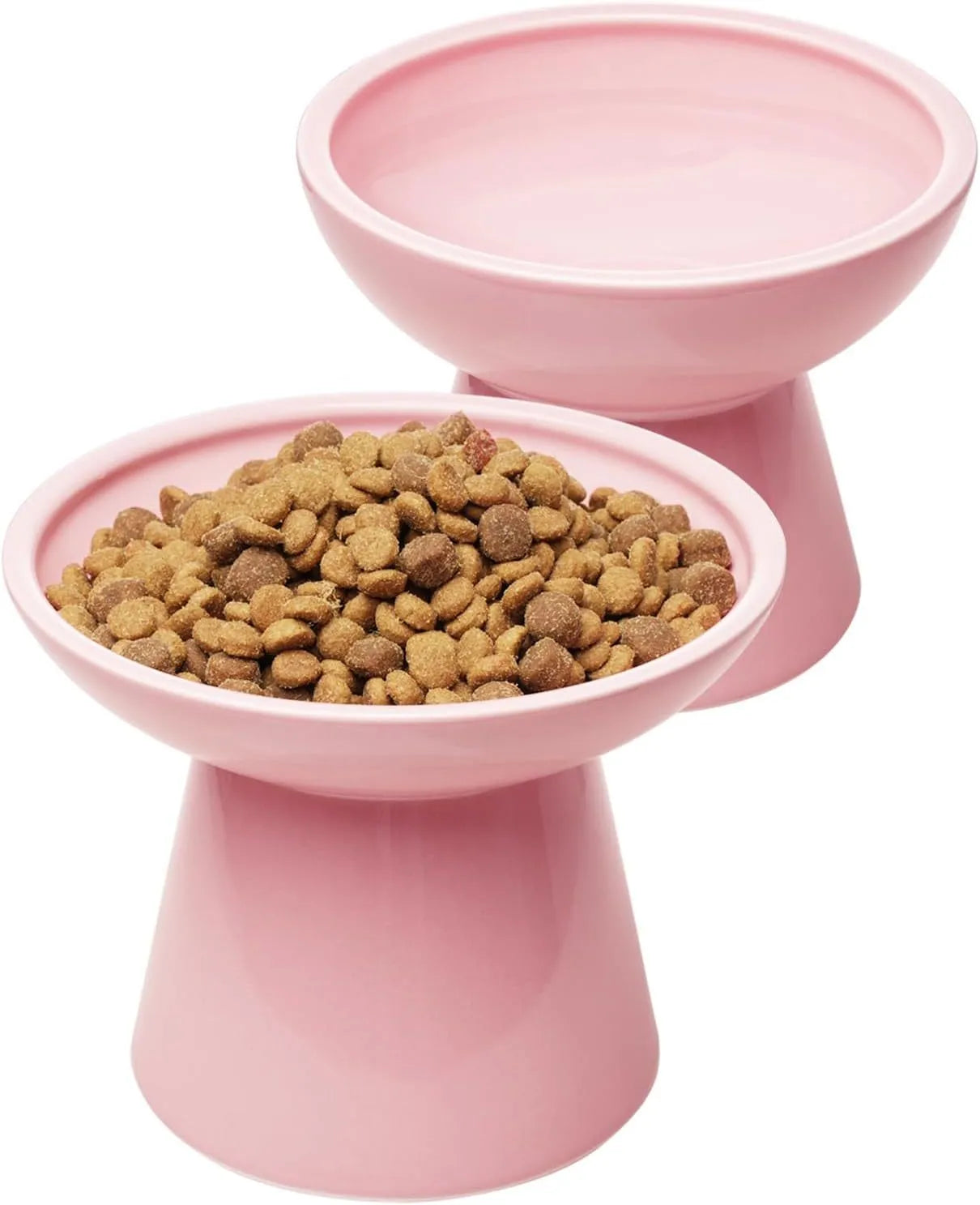 Blue ceramic elevated cat food bowl with wide shallow dish for whisker fatigue prevention.