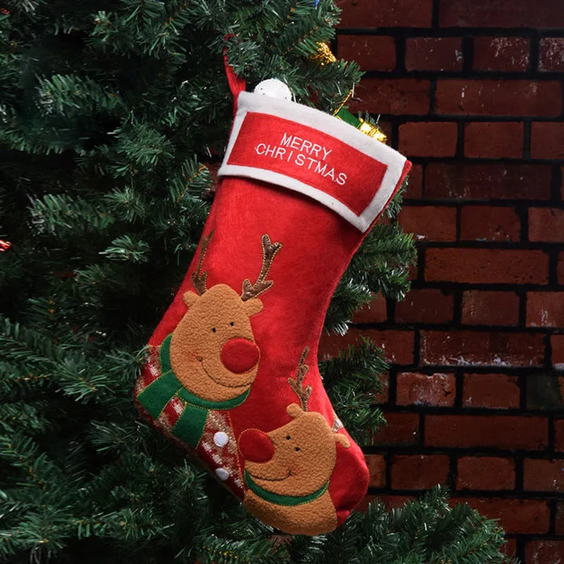 Christmas stocking with elderly snowman and elk decorative designs in non-woven fabric