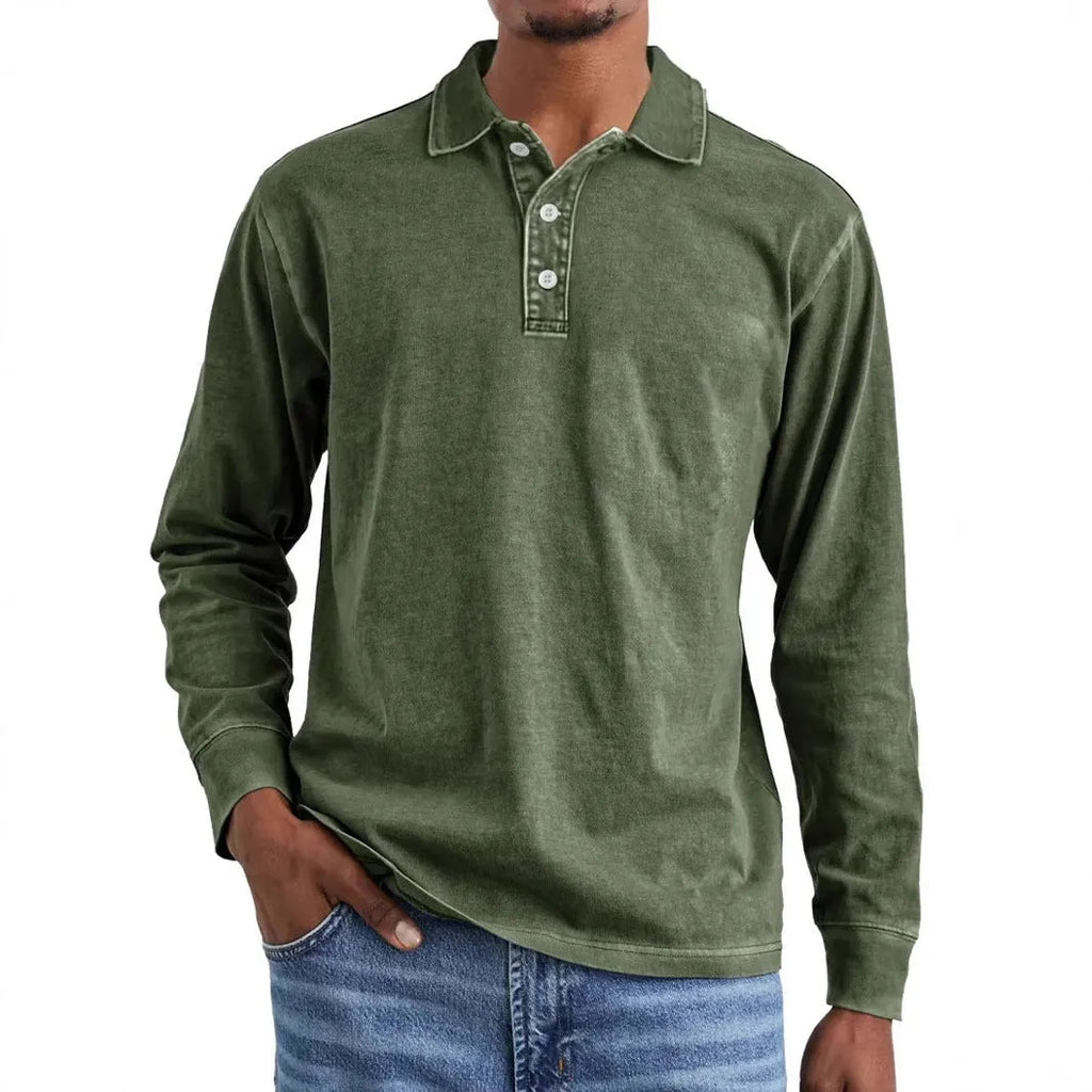 Retro washed distressed pure cotton lapel long sleeve polo shirt in Army Green.