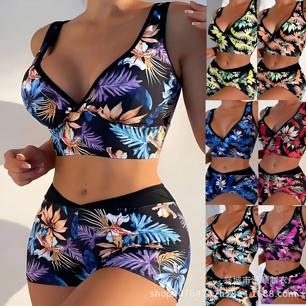 Women's two-piece swimsuit with boxer shorts in a multi-colour print pattern