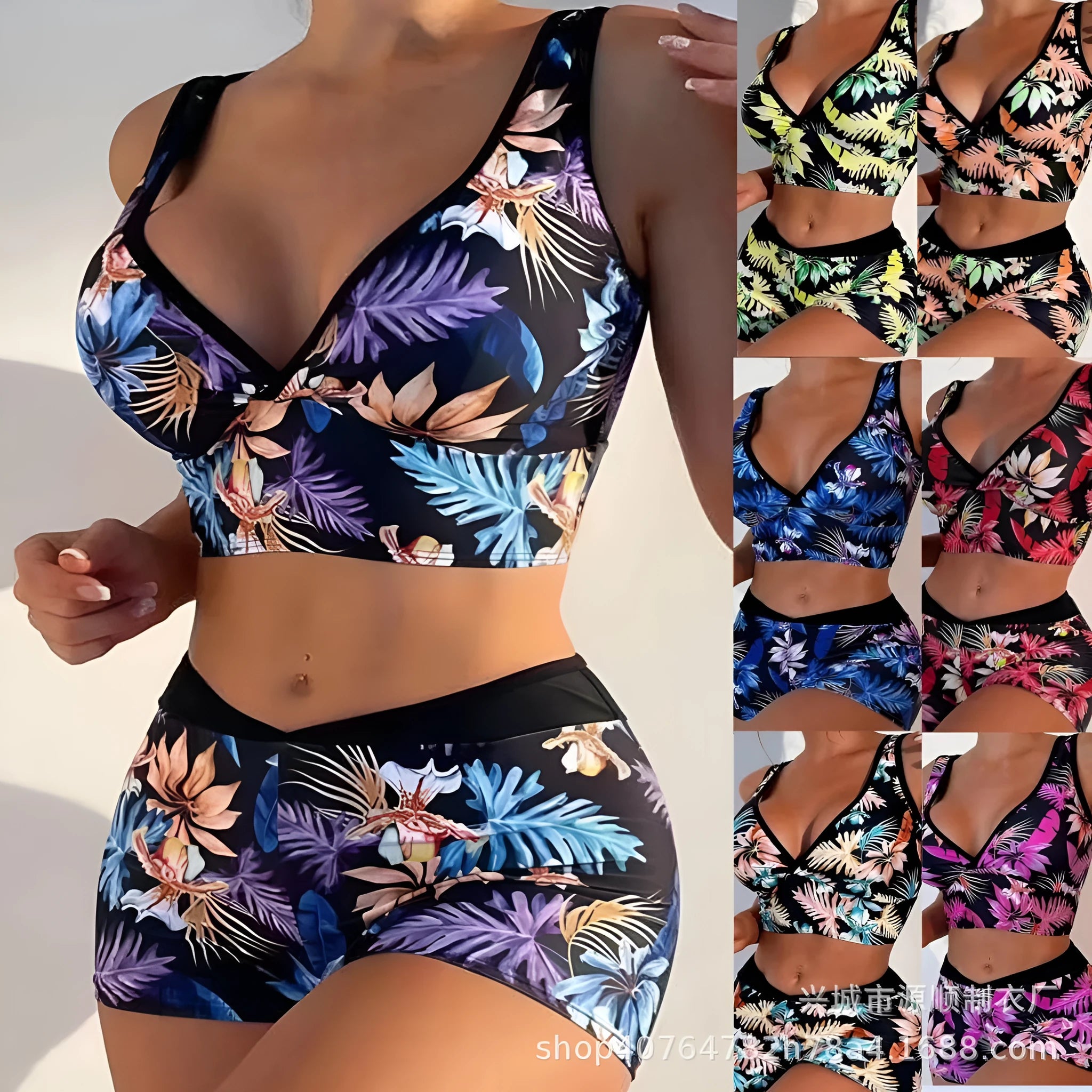 Women's two-piece swimsuit with boxer shorts in a multi-colour print pattern
