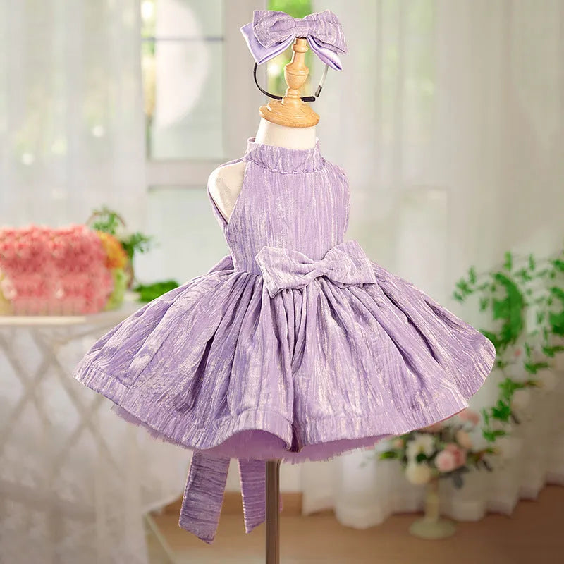 Girls' dream purple velvet princess dress with full skirt, polyester fabric, available in sizes 80cm to 160cm