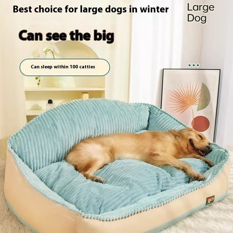 Morandi colour kennel-style washable pet bed for dogs and cats on a sofa, shown in two sizes.