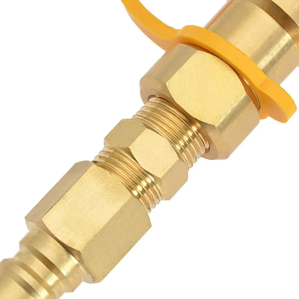 Gold brass gas propane tank charging connector with 3/8 inch American standard threads.