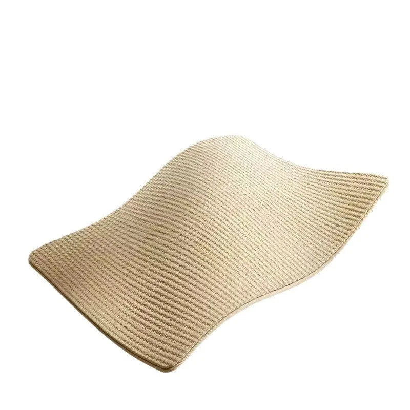 A large and a small sisal blanket cat scratch board with a neutral pastoral design.