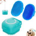Blue 3-piece silicone dog bath brush set with adjustable handles on surface