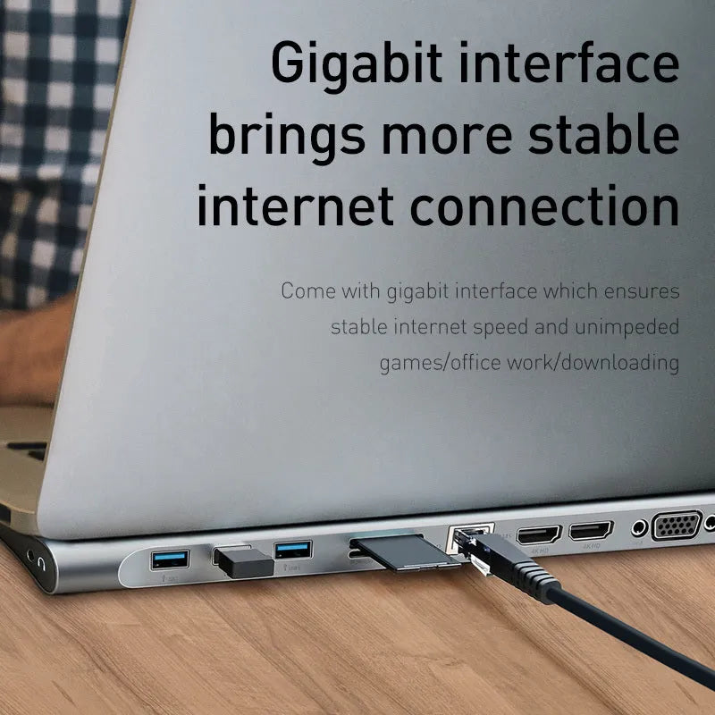 Grey aluminium USB-C docking station with cooling bracket showing ten connectivity ports