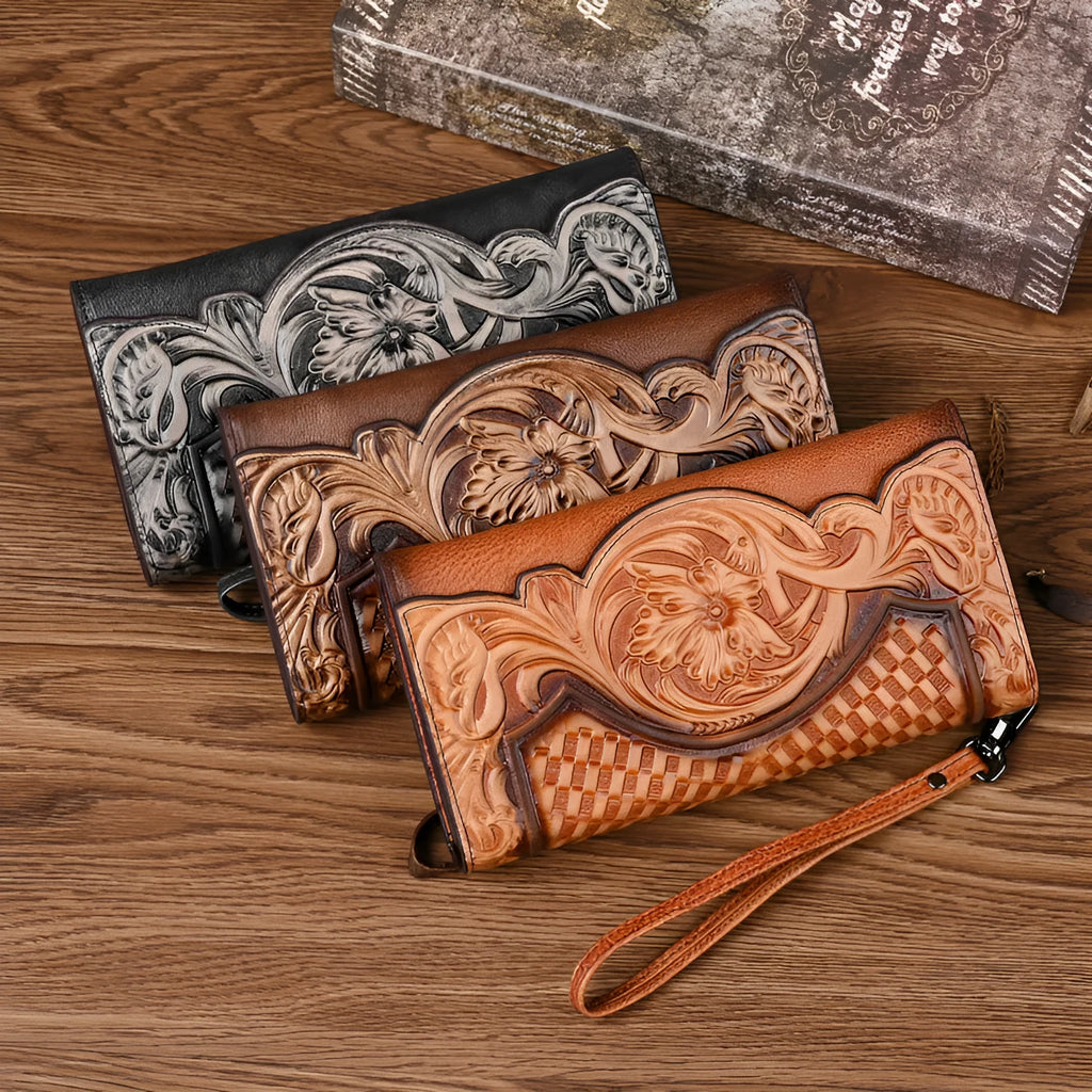 Women's tri-fold leather wallet with Chinese embossed floral pattern in retro brown colour