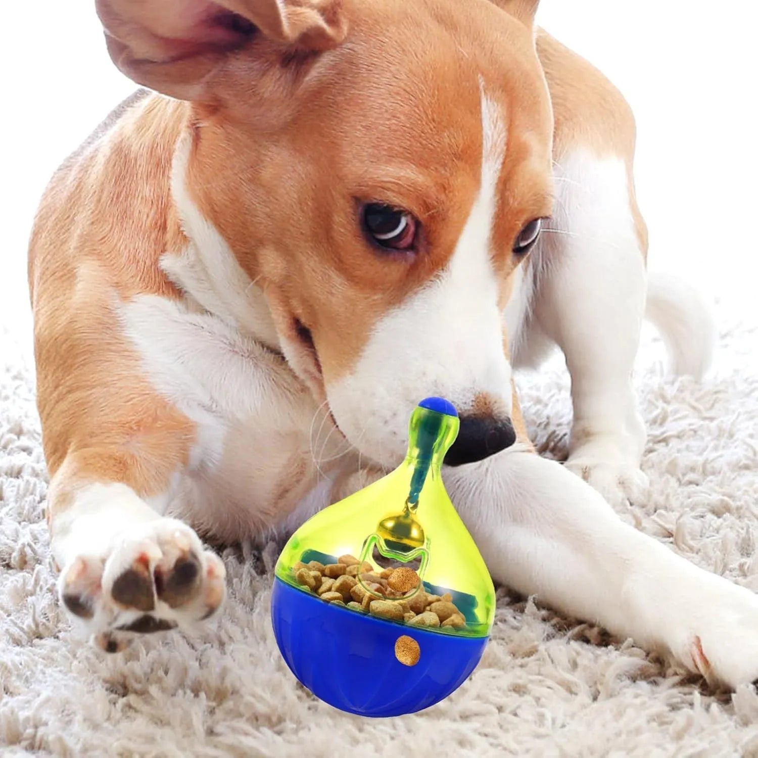 Tumbler-shaped pet treat dispenser toy for dogs and cats with interactive food release mechanism