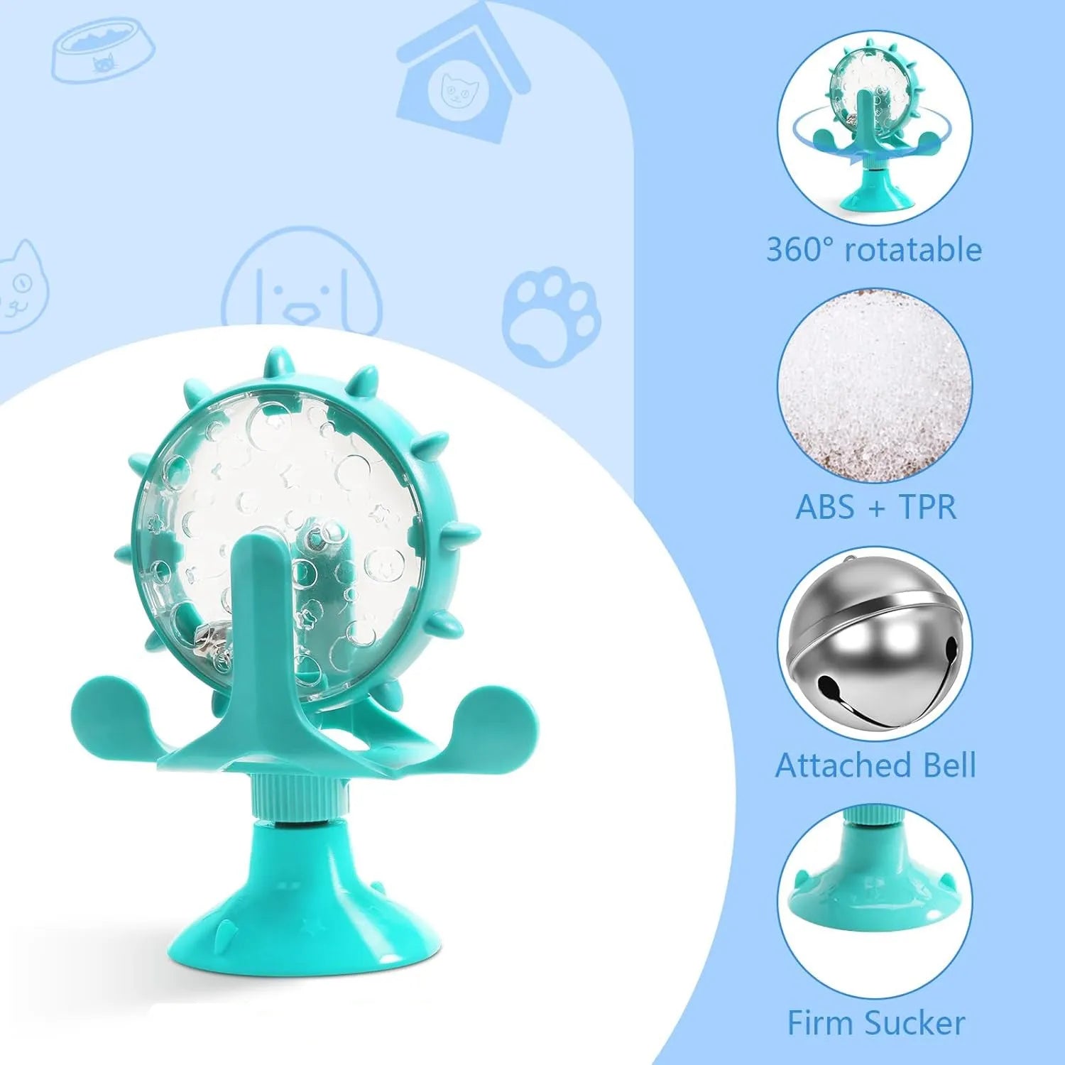 Interactive pet puzzle feeder with spinning dispenser and suction cup base in blue green red yellow colours