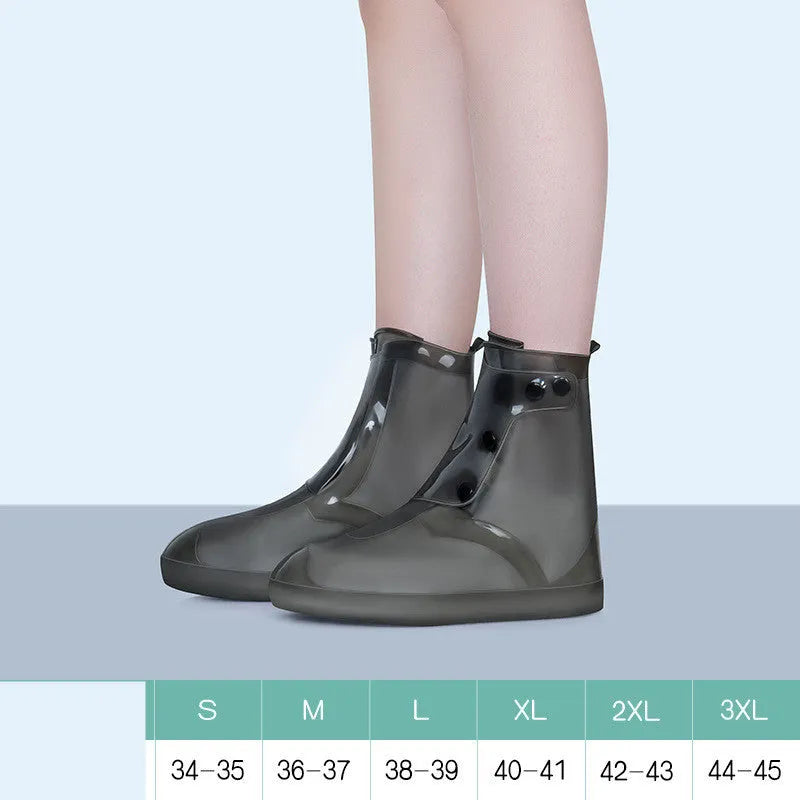White PVC high top reusable waterproof shoe covers for women showing size options and water resistant design