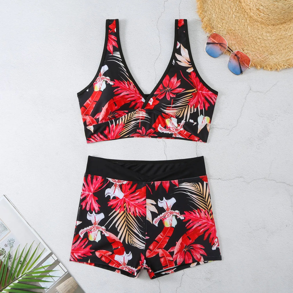 Women's two-piece swimsuit with boxer shorts in a multi-colour print pattern