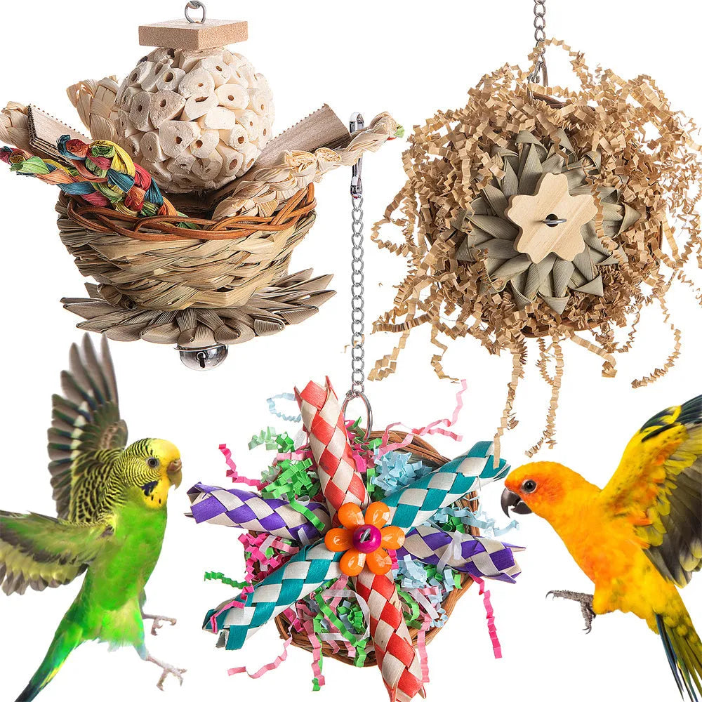 Parrot gnawing toy with three natural wooden blocks on cotton rope for medium to large birds