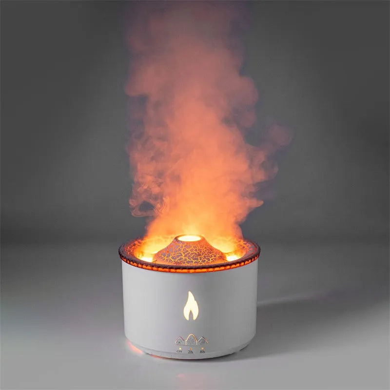 Ultrasonic aromatherapy diffuser with volcano flame lamp simulation, 350ml capacity, blue flame bead colour