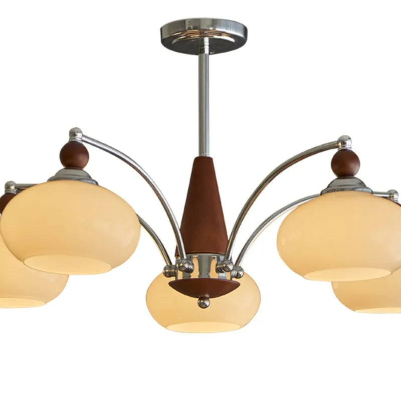 Creative persimmon glass and chrome chandelier with multiple light heads in Middle Ancient style.