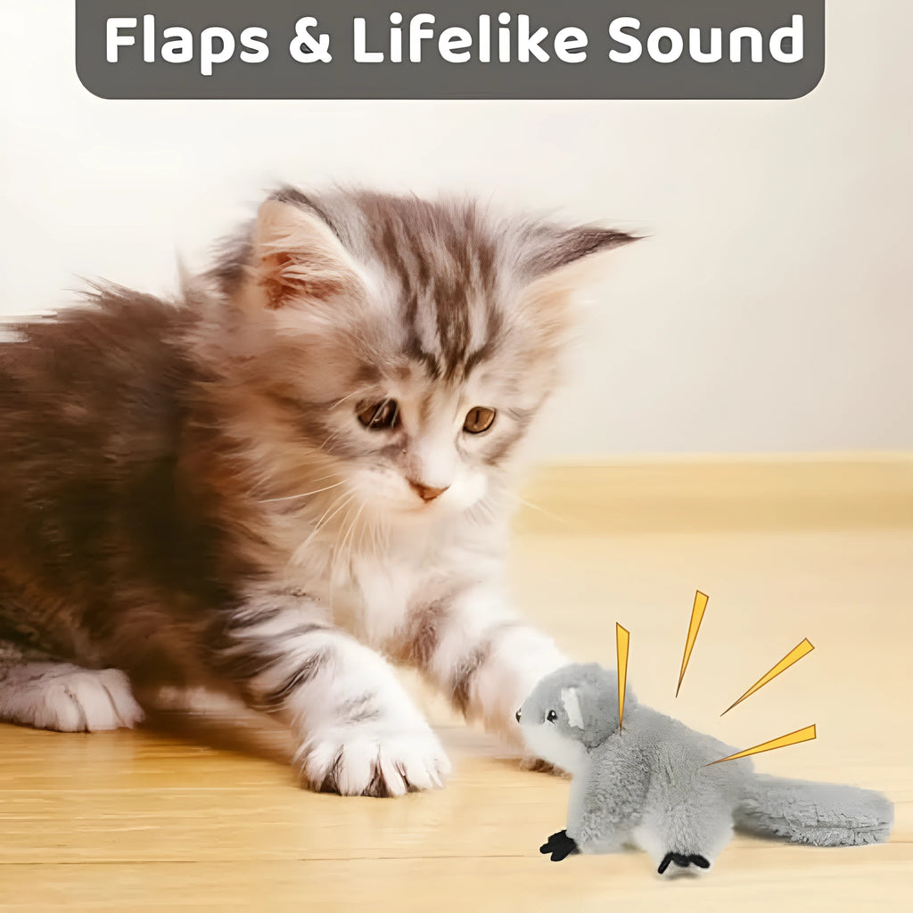 Grey plush squirrel cat toy with flapping wings showing touch-activated motion mechanism