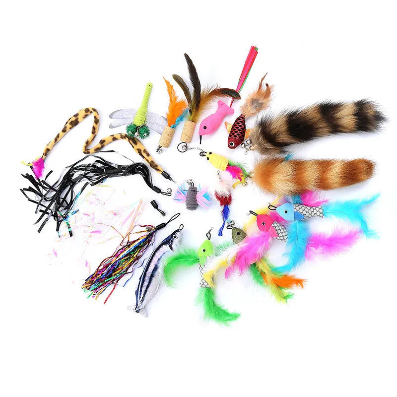 Cat teasing pole set showing two handheld rods with feather attachments and replacement heads