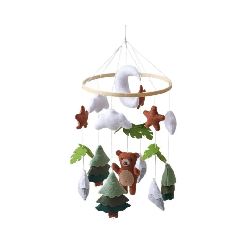 Handmade felt teddy bear bed bell for children, white colour, wood and felt construction, hanging with string