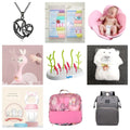 13-piece newborn baby care kit with pink grooming bag containing thermometer, scissors, brush, comb, nail clipper, and medicine tools