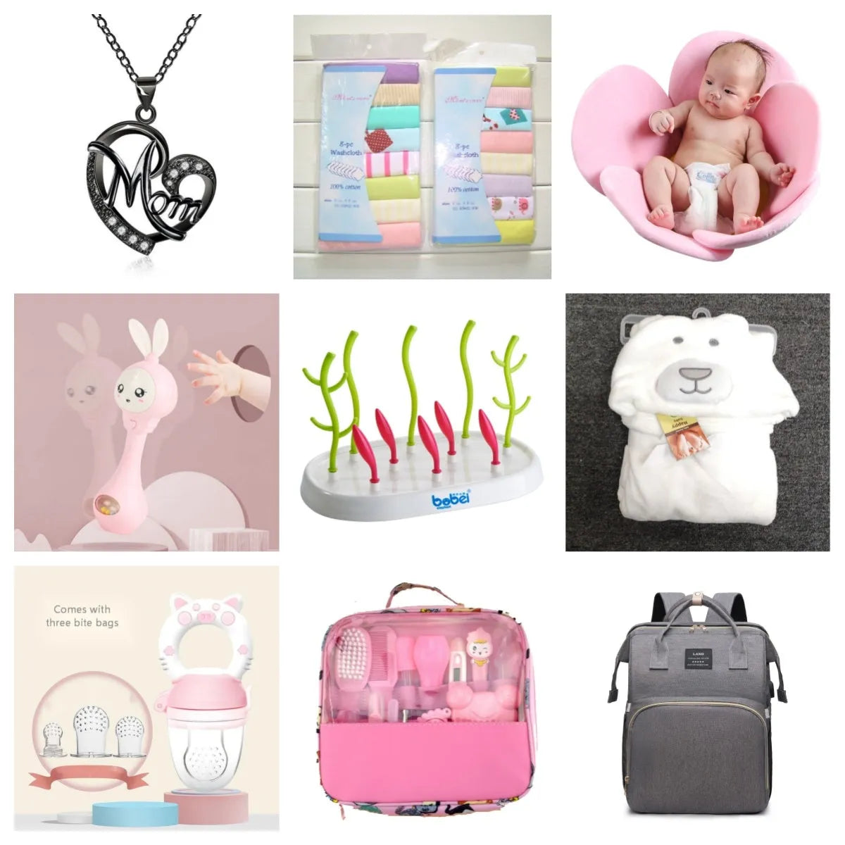 13-piece newborn baby care kit with pink grooming bag containing thermometer, scissors, brush, comb, nail clipper, and medicine tools