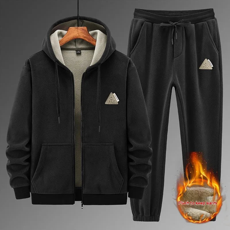 Men's grey casual sports suit with hooded sweater and matching trousers for cold weather wear