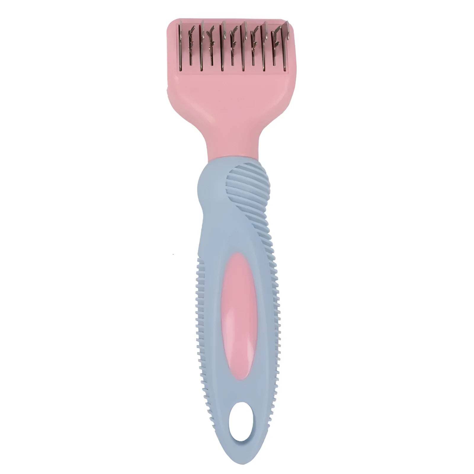 Pink and purple pet grooming comb with stainless steel knot knife and brush heads.