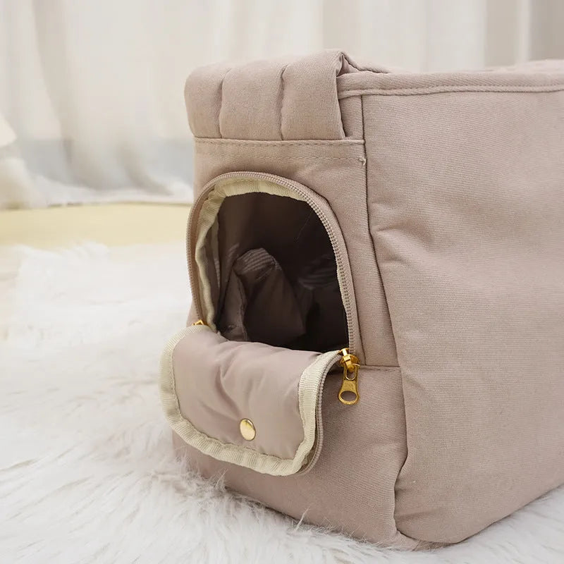 Large capacity soft surface messenger pet carrier bag in beige with small dog inside