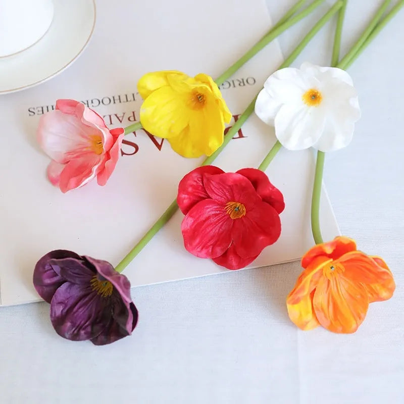 Fifteen artificial poppy flowers in bright red, dark purple, deep pink, orange, white, yellow made from PU material for wedding and home decor