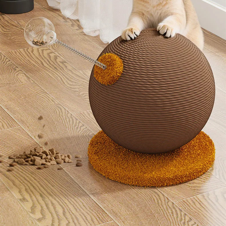 Natural hemp rope cat scratch board shown in large and small sizes with optional cat grasping ball and tumbler toys.