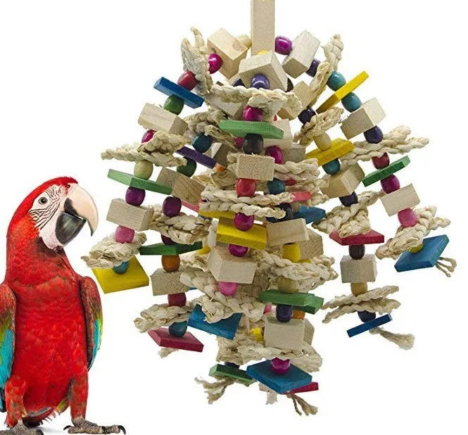 A hanging parrot chew toy made of natural wood and corn husk, measuring 30 to 50cm long, suspended in a bird cage.