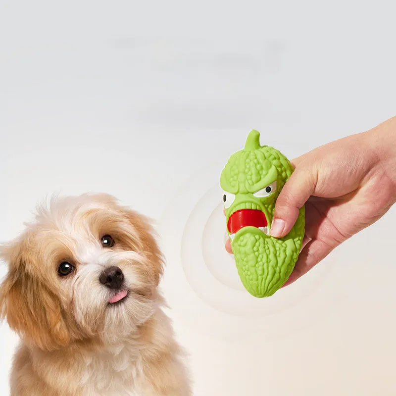 Natural rubber bitter melon and chilli shaped dog chew toys with textured grinding teeth surfaces for dental cleaning