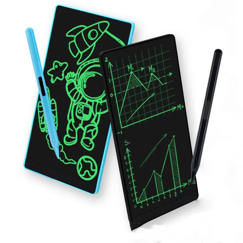 Blue and black LCD handwriting board with 6.5-inch screen and stylus on a desk.