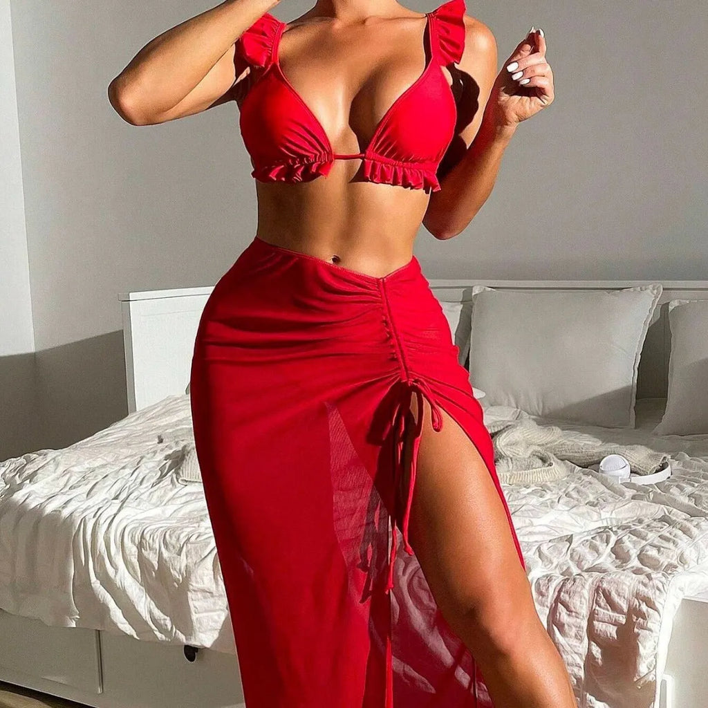 Women's printed split style bikini three-piece set with a skirt, shown in one of six available colours.